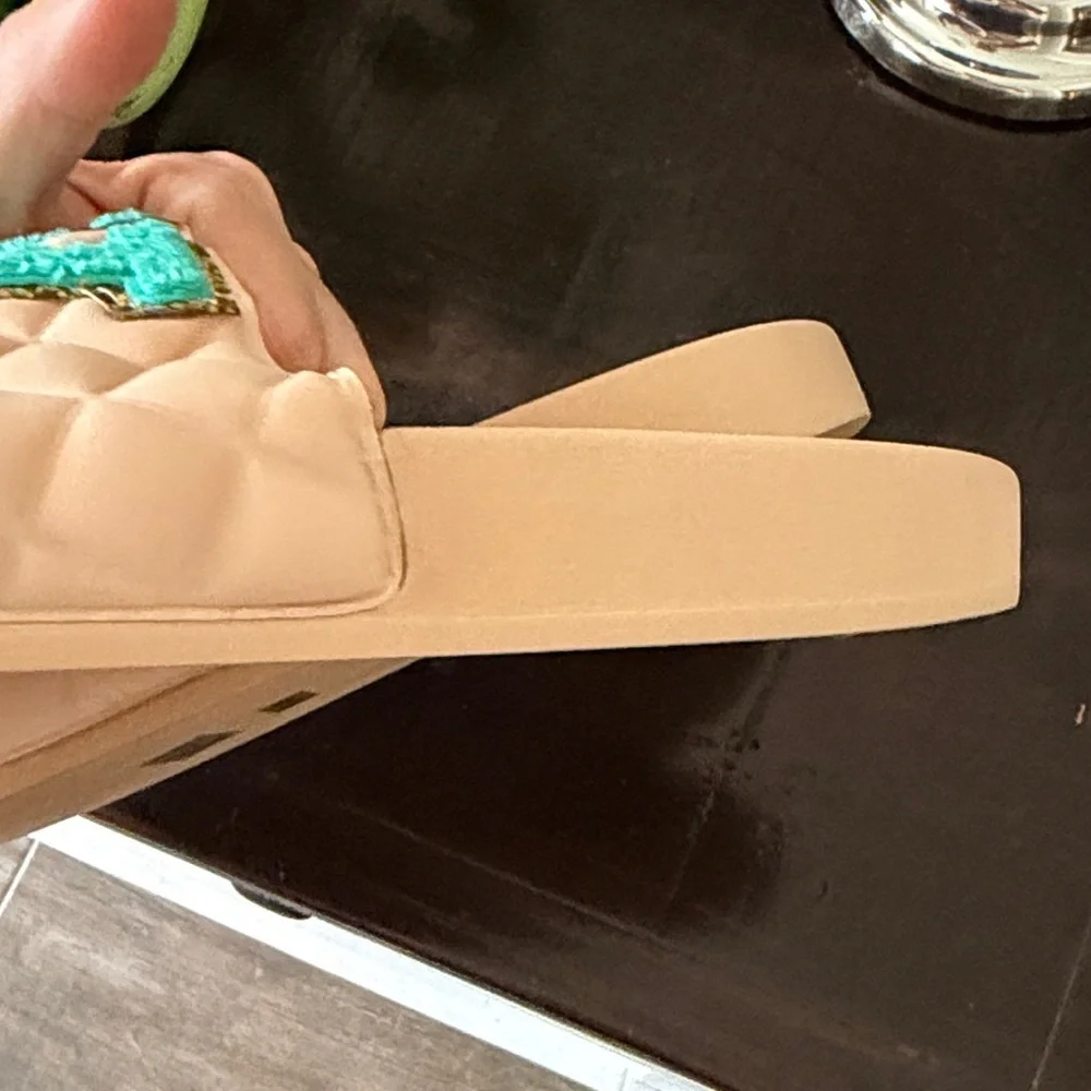 Judith March Beige Slide Sandals with Turquoise Letter Appliqués